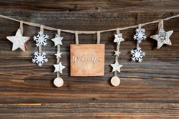 Wooden Decorated Christmas Label With Text Frohe Weihnachten Und Ein Gutes Neues Jahr