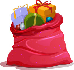 Open red Christmas bag with gifts. Vector cartoon illustration isolated