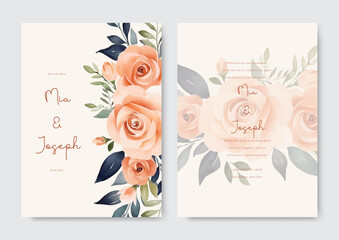 Peach wedding invitation card with rose watercolor floral decoration and abstract background