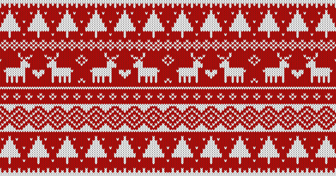 Christmas ugly  sweater knitted pattern with deer and trees. White ornament on red background. Vector design. 