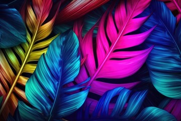 fluorescent color tropical leaves. creative background