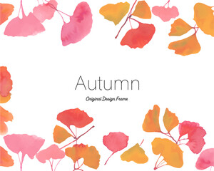 秋色の銀杏の葉っぱ　水彩背景フレーム