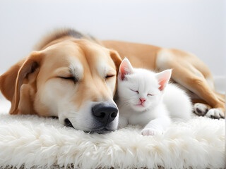 Big dog and little kitten sleeping together on white carpet - 661415116