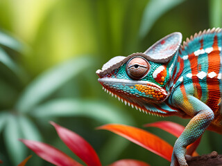 Green chameleon with red and white stripes on blured jungle forest background - 661415117