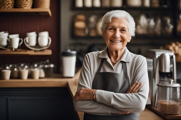 Portrait of happy woman standing at doorway of his store. Cheerful mature waitress waiting for clients at coffee shop. Successful small business owner in casual wearing grey apron - obrazy, fototapety, plakaty