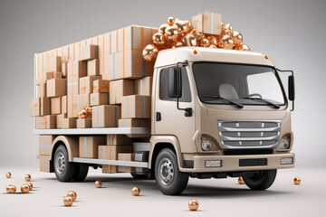 Delivery truck icon surrounded by flying parcels and gift boxes, Generative AI