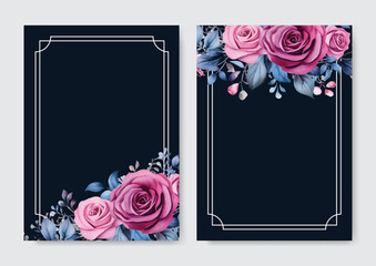 Modern black trendy vector design square frames. Pink roses flower. Watercolor brush texture. Elements are isolated on black.