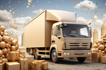 Delivery truck icon surrounded by flying parcels and gift boxes, Generative AI