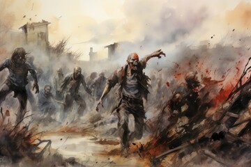 A horde of watercolor-infused zombies stumbling through a post-apocalyptic landscape, creating a unique and spooky scene. Generative Ai - obrazy, fototapety, plakaty