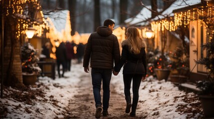 A couple walking through a christmas winter village