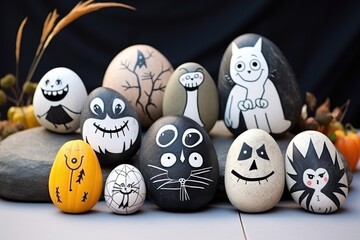 Drawing on stones Halloween characters.