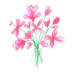 Hand drawn watercolor abstract pink flowers bouquet isolated on white background. Can be used for cards, patterns, label.
