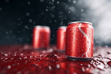 3D image of red aluminum cans, water droplets, and blurred background. Generative AI