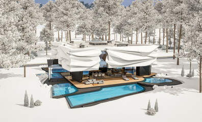 Fototapeta na wymiar 3d rendering of cute cozy modern house with bionic natural curves plastic forms with parking and pool for sale or rent with beautiful landscape. Cool winter day with shiny white snow
