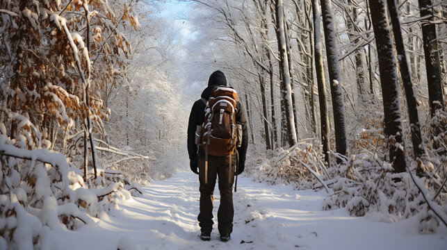 A snowshoer exploring a tranquil, snow-covered forest trail, with only the sounds of nature for company