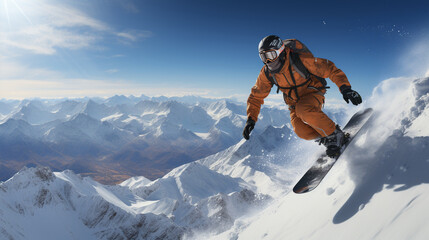 A snowboarder taking a break to enjoy the spectacular views from the top of a pristine mountain peak