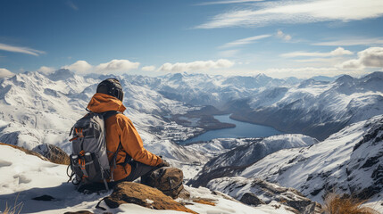A snowboarder taking a break to enjoy the spectacular views from the top of a pristine mountain peak