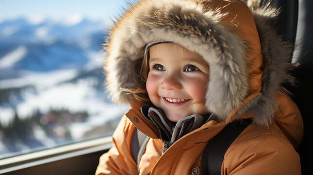 A young child learning to ski for the first time, bundled up and smiling with delight
