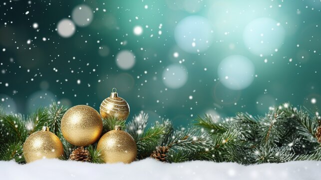 Christmas balls on spruce branch with glitter and winter isolated blur background. AI generated image