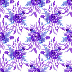 Hand drawn watercolor purple roses and leaves seamless pattern isolated on white background. Can be used for textile, fabric and other printed products.