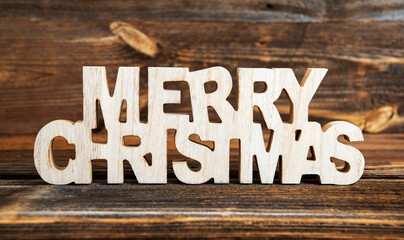 Text Merry Christmas With Wooden Winter And Christmas Background