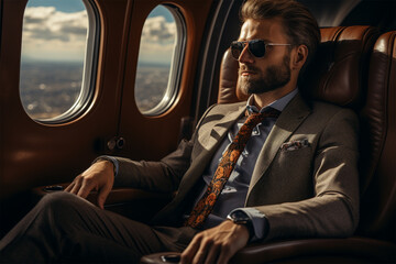 A businessman flies in business class or his private jet. Business and transport concept - obrazy, fototapety, plakaty