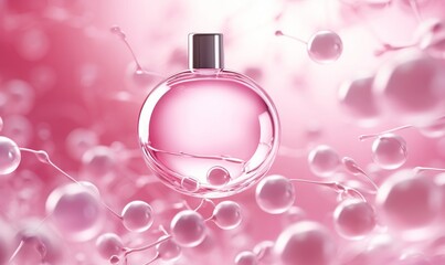 Pink collagen serum or essence bubble, gluta cosmetic product advertising background, Generative AI