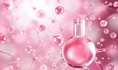 Pink collagen serum or essence bubble, gluta cosmetic product advertising background, Generative AI