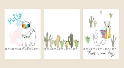 Fototapeta premium Hand drawn posters with cartoon cute llama and cacti.