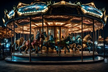 Fototapeta na wymiar Carousel Merry-go-round in amusement park at a night cityCarousel Merry-go-round in amusement park at a night city Intricately designed magical carousel with fantasy creatures Creating using, Carou