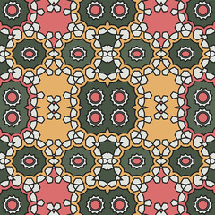 An original seamless pattern with a predominance of pink, khaki and yellow colors. Vector illustration