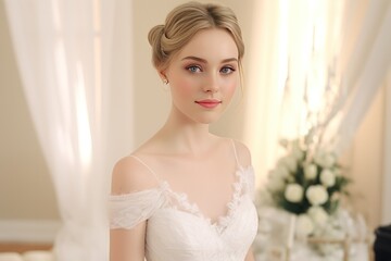 Fototapeta premium Beautiful bride with wedding hairstyle and makeup in white dress indoors.