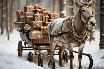 realistic photo of a deer carrying a cart filled with gift boxes