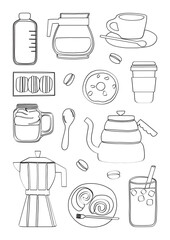 Lined Hand drawn coffee, cafe food and coffeemaker elements cartoon art illustration