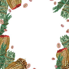 A square frame made of divination elements: herbs for fumigation, candles, stones with runes. All elements are hand-painted in watercolor on a white background. For printing, paper, invitations.