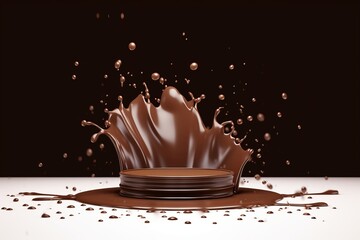 Chocolate splash with podium, mockup background for milk product display, 3d rendering, Generative AI