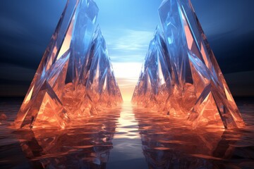 Crystalline tunnel with prismatic reflections and an otherworldly glow, Generative AI