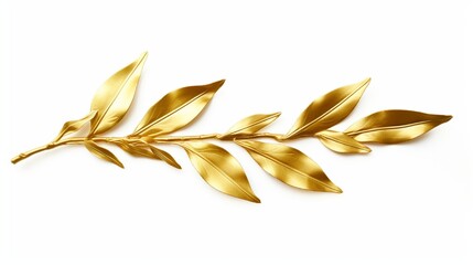 Macro close up of a golden olive branch isolated on a white backdrop. Olive leaves in gold. Symbol of victory and peace.
