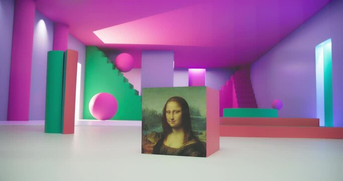 Zoom in Shot of the Painting of the Mona Lisa Printed on a Cube and Resting in a Colorful, Abstract, Geometrically Decorated Studio. The Genius of Classical Art in Modern 3D Environment