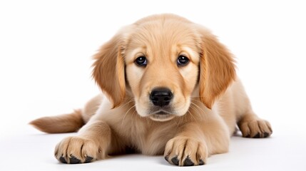 On a white background, there is a golden retriever puppy.