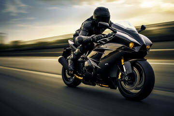 black motorbike rider at high speed along the highway, 3d rendering , AI generative  