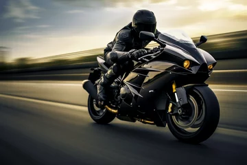 Foto op Plexiglas black motorbike rider at high speed along the highway, 3d rendering , AI generative   © Salawati