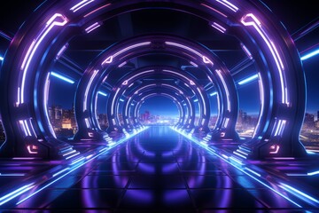  Futuristic sci-fi tunnel with neon lights and a sense of endless depth, Generative AI - Powered by Adobe