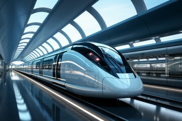 Futuristic transportation tunnel with high-speed trains and a sleek, modern design, Generative AI