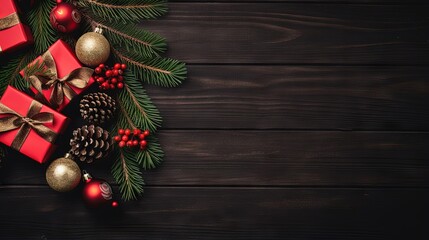 Fototapeta na wymiar Christmas background concept. Top view of Christmas gift box red balls with spruce branches, pine cones, red berries and bell on black wooden background.