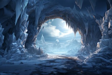 Otherworldly ice cave tunnel with intricate ice formations and a chilly ambiance, Generative AI - Powered by Adobe