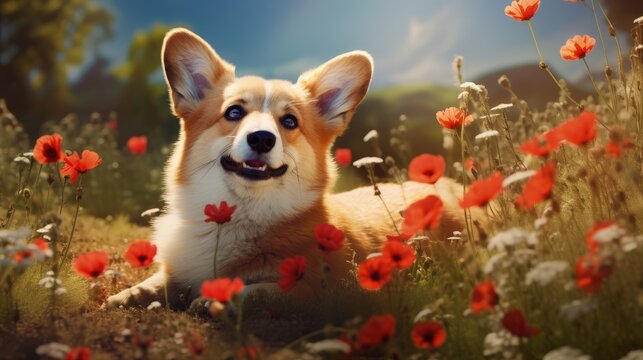 cute red corgi dog lies in a summer sunny garden among the flowers of red poppies
