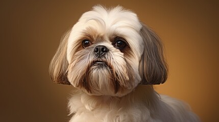 Naklejka na ściany i meble close short-haired shihtzu dog with beige coat on brown background. front view. pet. grooming shihtzu. look of dogs
