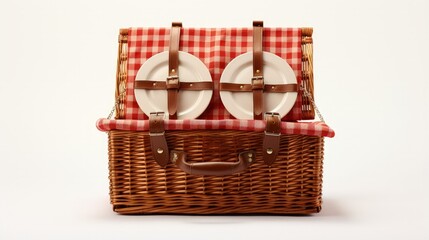 Wicker picnic basket on white background.