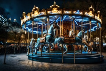Fototapeta na wymiar Carousel Merry-go-round in amusement park at a night cityCarousel Merry-go-round in amusement park at a night city Intricately designed magical carousel with fantasy creatures Creating using, Carou